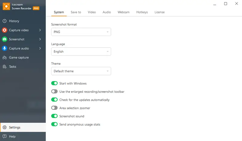 Настройки Icecream Screen Recorder
